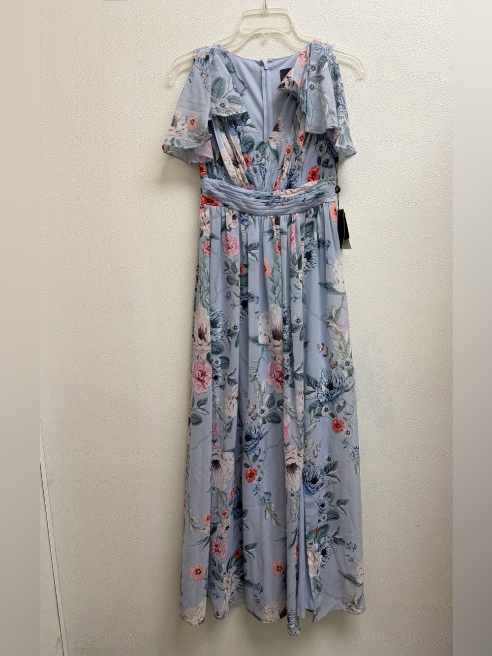 Adrianna Papell Light Blue Floral V-Neck Maxi with Flutter Sleeves